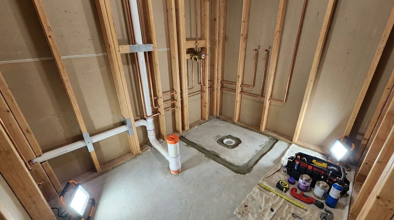 Bathroom rough-in plumbing during remodel by Johns Plumbing LLC in Clarks Summit