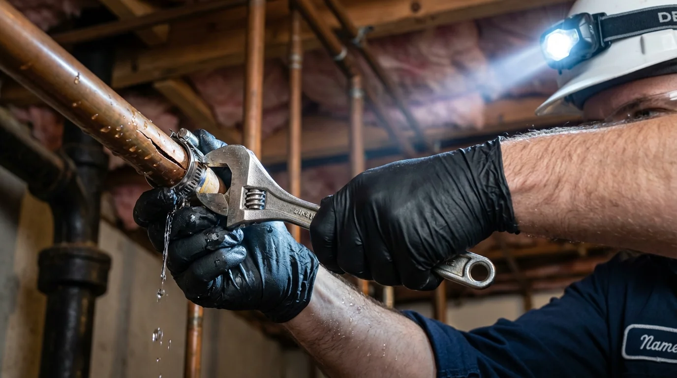 Emergency pipe clamp repair being performed by a Johns Plumbing LLC plumber in Clarks Summit