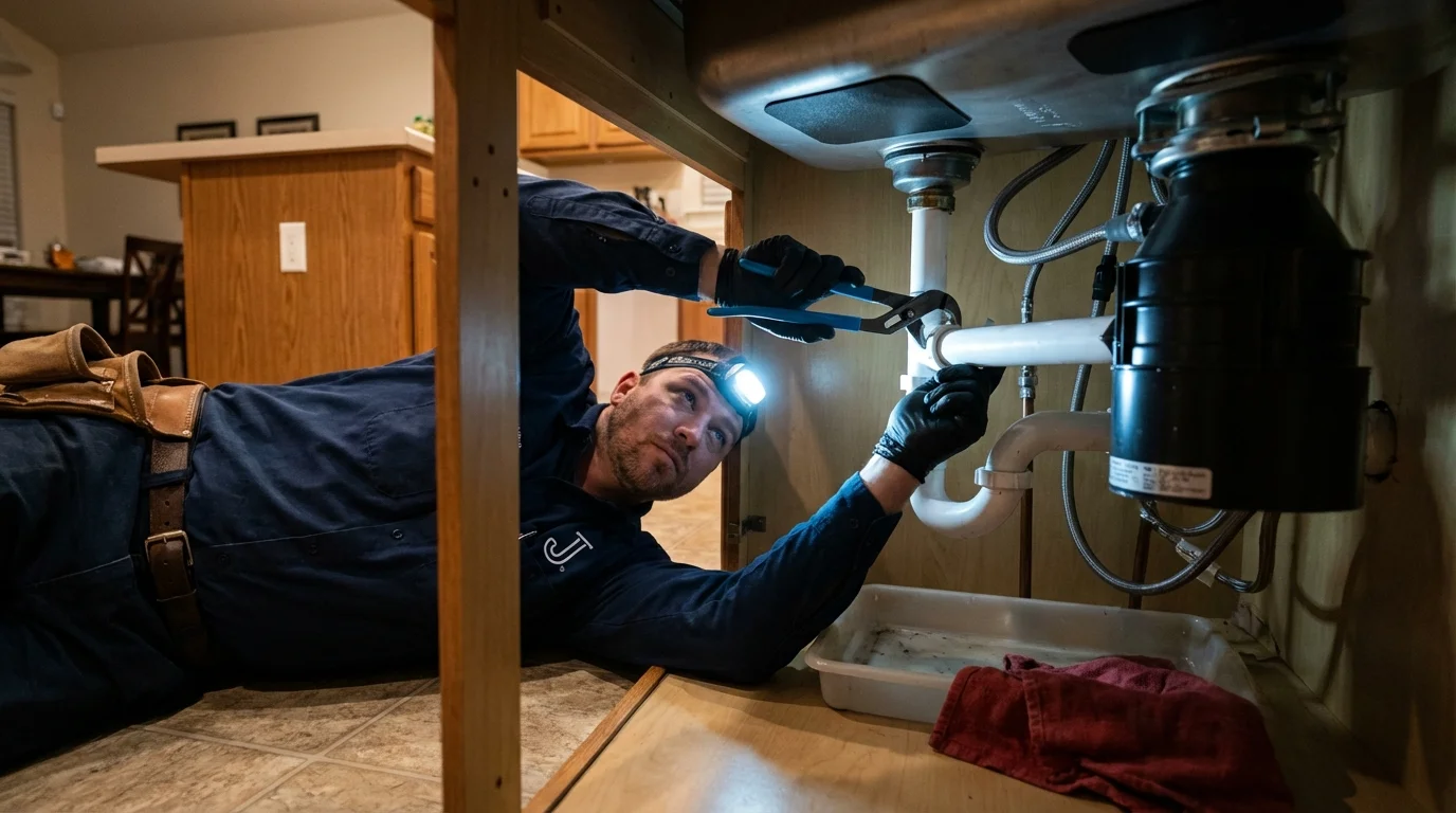 P-trap and supply line connections under a kitchen sink showing a common leak point in Clarks Summit, PA